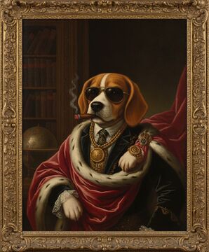 Baroque oil — ermine cape, aviators, cigar. Renaissance-frame treatment.