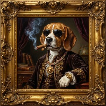 Baroque oil — embroidered coat, jewelled chain, curl of smoke.