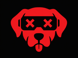 Clean red digital dog mark with X-marked goggles on black