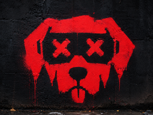 Red spray-painted dog with X-marked goggles on a black wall