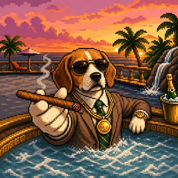 Pixel art — alt hot tub angle, waterfall, champagne bucket.