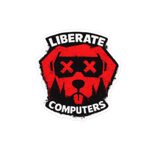 FOO BARK crossed-eye dog mark with the words Liberate Computers