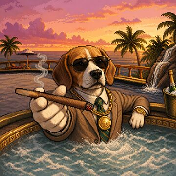 Pixel art — hot tub sunset, cigar offered to the viewer.