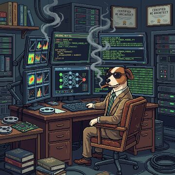 Pixel art — the AI architect at his workshop.